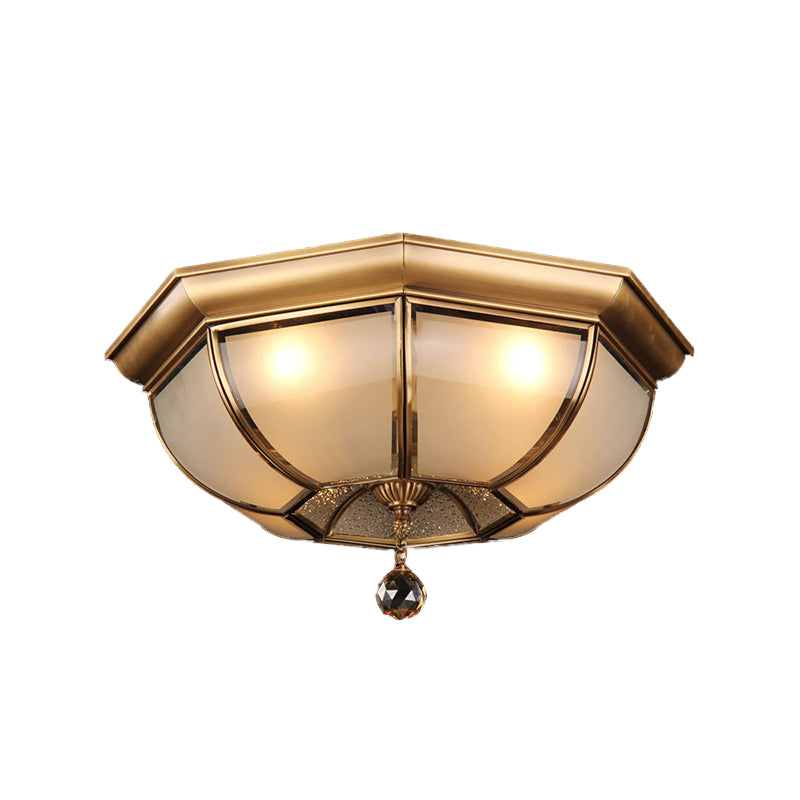 Concave Frosted Glass Ceiling Light 14"/18" W Traditional 3/4 Lights Living Room Flush Lamp in Brass Clearhalo 'Ceiling Lights' 'Close To Ceiling Lights' 'Close to ceiling' 'Flush mount' Lighting' 283378