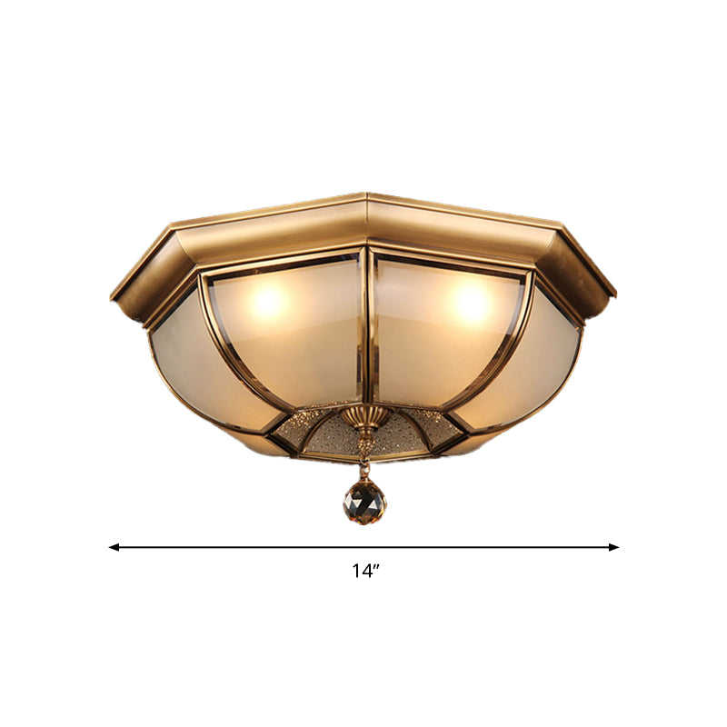 Concave Frosted Glass Ceiling Light 14"/18" W Traditional 3/4 Lights Living Room Flush Lamp in Brass Clearhalo 'Ceiling Lights' 'Close To Ceiling Lights' 'Close to ceiling' 'Flush mount' Lighting' 283379