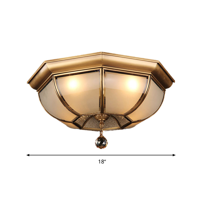 Concave Frosted Glass Ceiling Light 14"/18" W Traditional 3/4 Lights Living Room Flush Lamp in Brass Clearhalo 'Ceiling Lights' 'Close To Ceiling Lights' 'Close to ceiling' 'Flush mount' Lighting' 283380