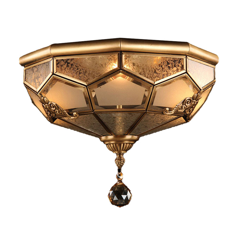 Opal Glass Faceted Dome Ceiling Lighting Chinese Style 3/4-Light Brass Finish Flush Mount Light for Bedroom, 14"/18" W Clearhalo 'Ceiling Lights' 'Close To Ceiling Lights' 'Close to ceiling' 'Flush mount' Lighting' 283385