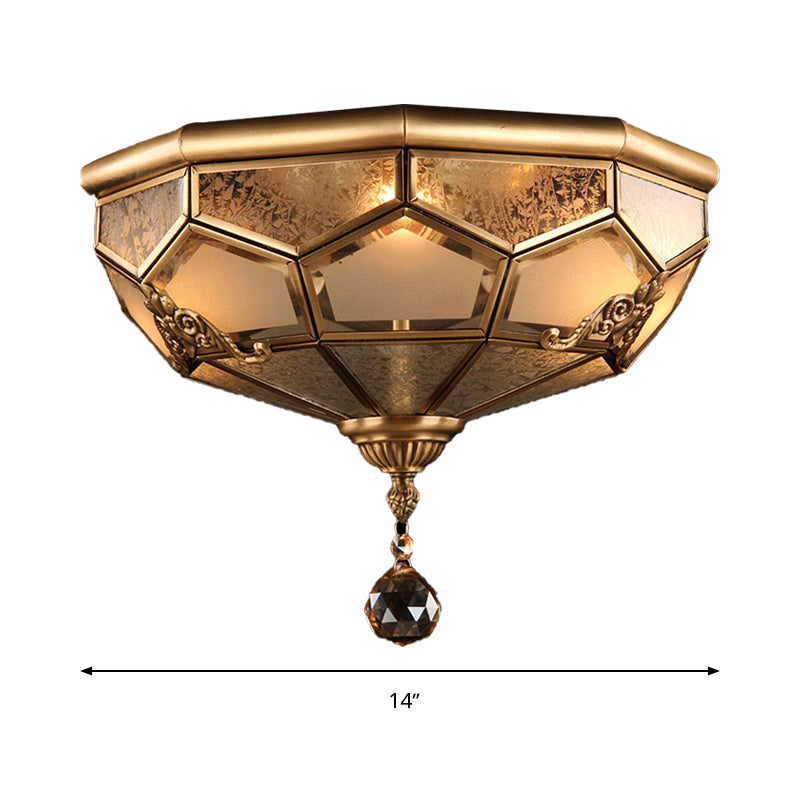 Opal Glass Faceted Dome Ceiling Lighting Chinese Style 3/4-Light Brass Finish Flush Mount Light for Bedroom, 14"/18" W Clearhalo 'Ceiling Lights' 'Close To Ceiling Lights' 'Close to ceiling' 'Flush mount' Lighting' 283386