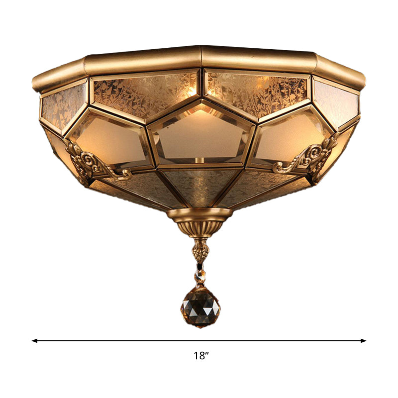 Opal Glass Faceted Dome Ceiling Lighting Chinese Style 3/4-Light Brass Finish Flush Mount Light for Bedroom, 14"/18" W Clearhalo 'Ceiling Lights' 'Close To Ceiling Lights' 'Close to ceiling' 'Flush mount' Lighting' 283387