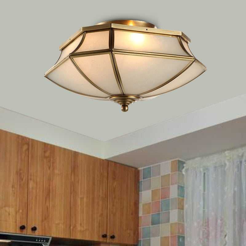 3 Lights Beveled Ceiling Lamp Classic Brass Finish Opal Glass Shade Flush Mount Light Brass Clearhalo 'Ceiling Lights' 'Close To Ceiling Lights' 'Close to ceiling' 'Flush mount' Lighting' 283405