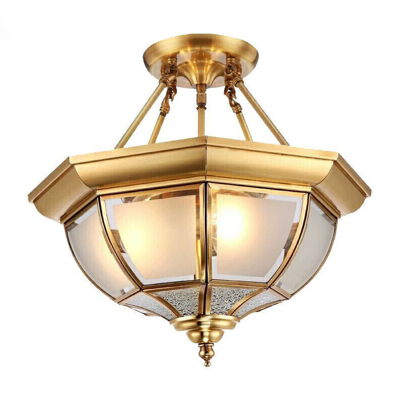 14"/18" W Tapered Bedroom Semi Mount Light Traditional Opal Glass 3/4 Bulbs Brass Finish Flush Ceiling Lamp Clearhalo 'Ceiling Lights' 'Close To Ceiling Lights' 'Close to ceiling' 'Glass shade' 'Glass' 'Semi-flushmount' Lighting' 283420