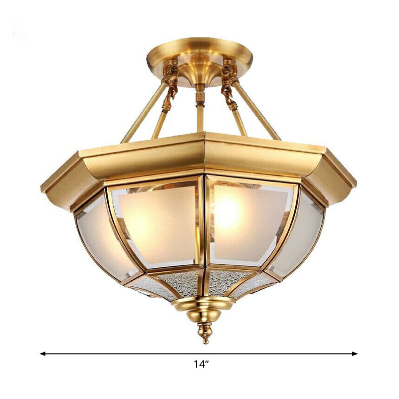 14"/18" W Tapered Bedroom Semi Mount Light Traditional Opal Glass 3/4 Bulbs Brass Finish Flush Ceiling Lamp Clearhalo 'Ceiling Lights' 'Close To Ceiling Lights' 'Close to ceiling' 'Glass shade' 'Glass' 'Semi-flushmount' Lighting' 283421