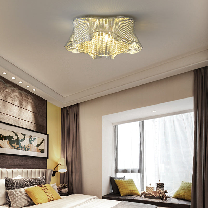 7 Heads Bedroom Ceiling Lamp Simple Chrome Flush Mount Fixture with Wavy Crystal Rod Shade Clearhalo 'Ceiling Lights' 'Close To Ceiling Lights' 'Close to ceiling' 'Flush mount' Lighting' 283426