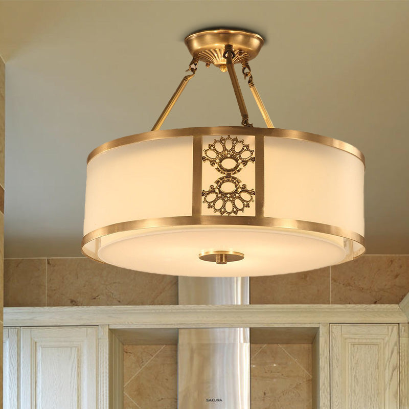 16"/19.5" W Brass 3/4 Heads Semi Flush Light Retro Sandblasted Glass Drum Ceiling Fixture for Living Room Clearhalo 'Ceiling Lights' 'Close To Ceiling Lights' 'Close to ceiling' 'Glass shade' 'Glass' 'Semi-flushmount' Lighting' 283453