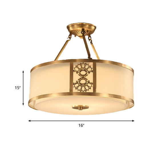 16"/19.5" W Brass 3/4 Heads Semi Flush Light Retro Sandblasted Glass Drum Ceiling Fixture for Living Room Clearhalo 'Ceiling Lights' 'Close To Ceiling Lights' 'Close to ceiling' 'Glass shade' 'Glass' 'Semi-flushmount' Lighting' 283456