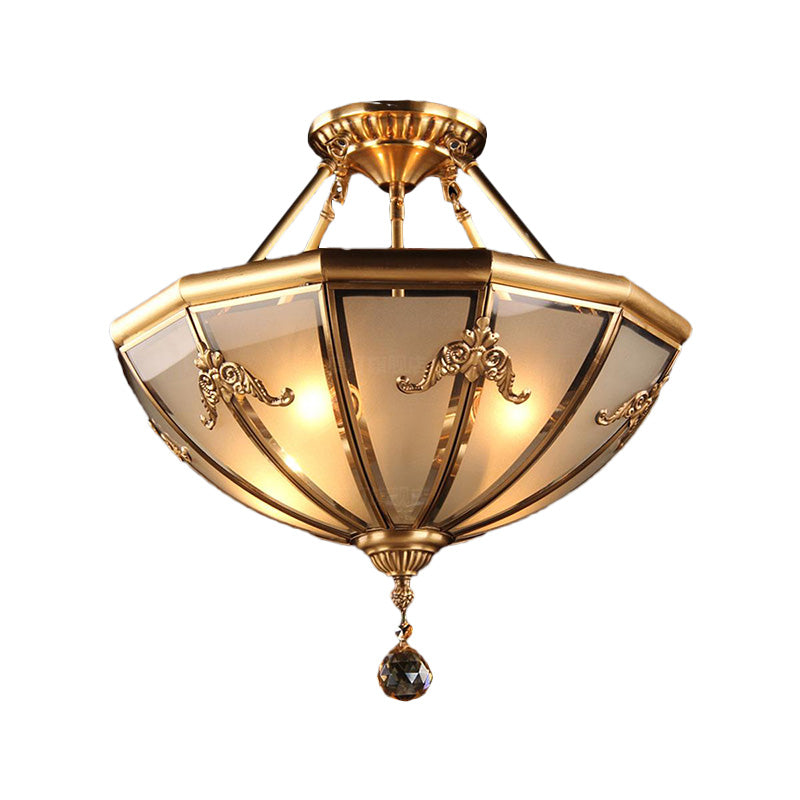 Brass 4 Lights Semi Flush Mount Chandelier Traditional Curved Frosted Glass Dome Ceiling Mounted Light for Living Room Clearhalo 'Ceiling Lights' 'Chandeliers' 'Close To Ceiling Lights' 'Close to ceiling' 'Glass shade' 'Glass' 'Semi-flushmount' Lighting' 283482