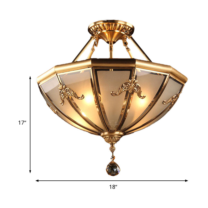 Brass 4 Lights Semi Flush Mount Chandelier Traditional Curved Frosted Glass Dome Ceiling Mounted Light for Living Room Clearhalo 'Ceiling Lights' 'Chandeliers' 'Close To Ceiling Lights' 'Close to ceiling' 'Glass shade' 'Glass' 'Semi-flushmount' Lighting' 283483