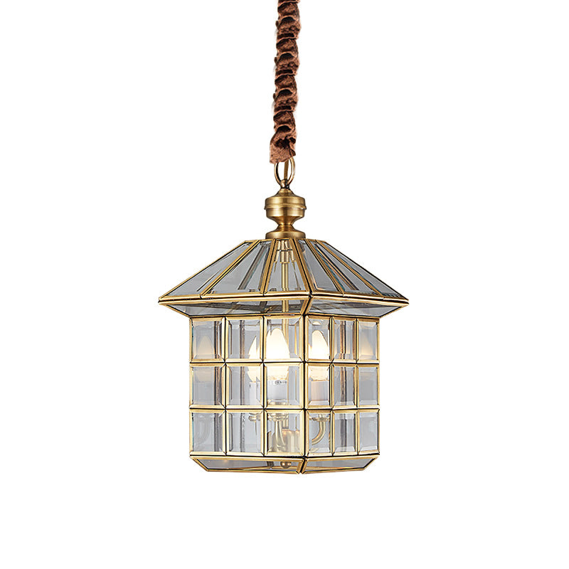 10"/12" W Lantern Clear Glass Chandelier Light Colonial 3 Bulbs Yard Pendant Lamp Clearhalo 'Ceiling Lights' 'Chandeliers' 'Glass shade' 'Glass' Lighting' 283550