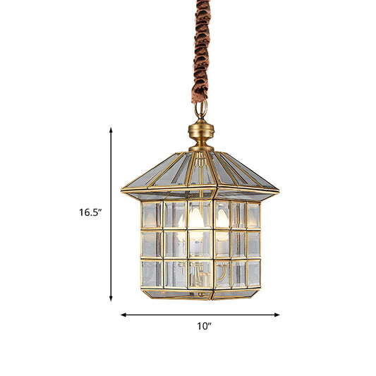 10"/12" W Lantern Clear Glass Chandelier Light Colonial 3 Bulbs Yard Pendant Lamp Clearhalo 'Ceiling Lights' 'Chandeliers' 'Glass shade' 'Glass' Lighting' 283551