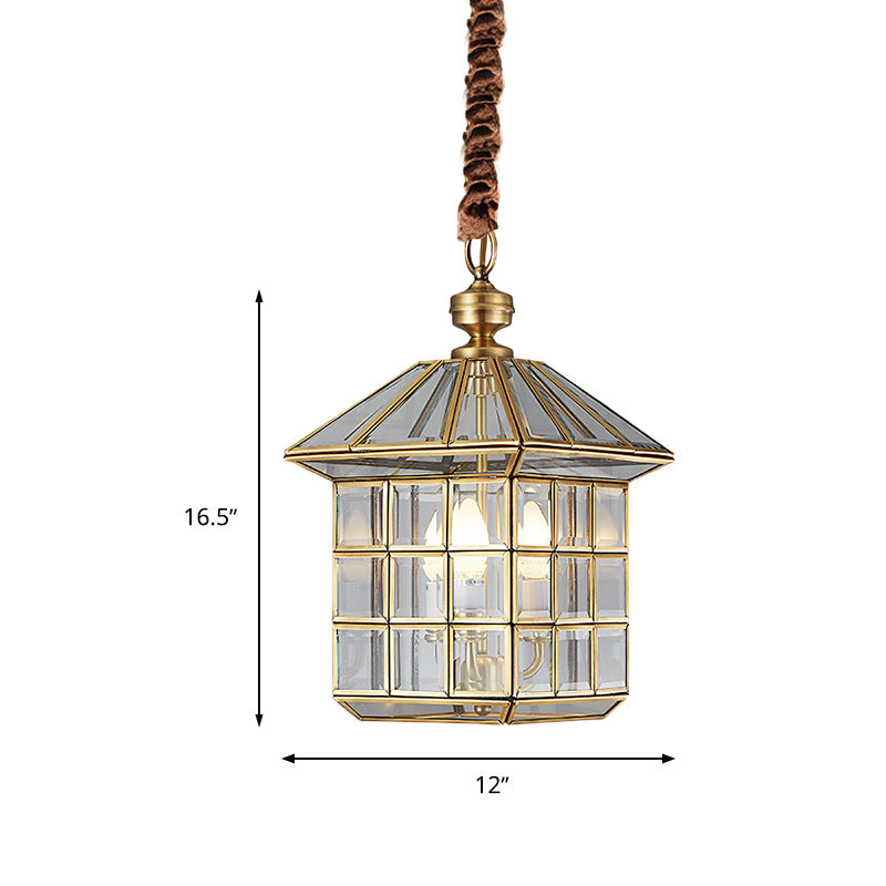 10"/12" W Lantern Clear Glass Chandelier Light Colonial 3 Bulbs Yard Pendant Lamp Clearhalo 'Ceiling Lights' 'Chandeliers' 'Glass shade' 'Glass' Lighting' 283552