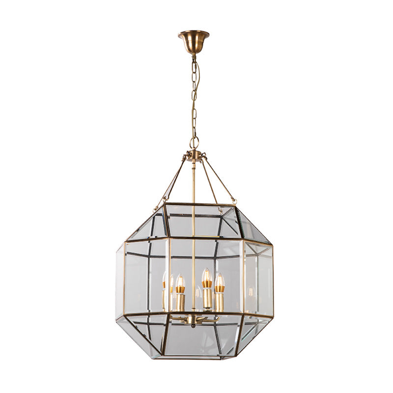 Clear Glass Geometric Chandelier Lamp Colonial 3 Heads Living Room Pendant Light Fixture Clearhalo 'Ceiling Lights' 'Chandeliers' 'Glass shade' 'Glass' Lighting' 283573