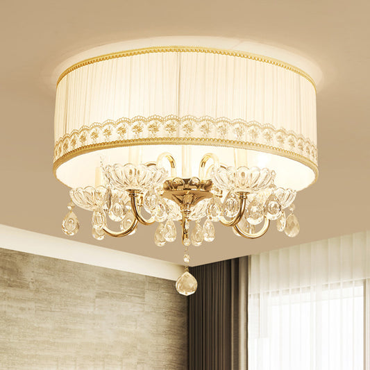 White Candle Flush Light Fixture Modern 5 Heads Crystal Drop Ceiling Mounted Light with Fabric Shade White Clearhalo 'Ceiling Lights' 'Close To Ceiling Lights' 'Close to ceiling' 'Flush mount' Lighting' 283586