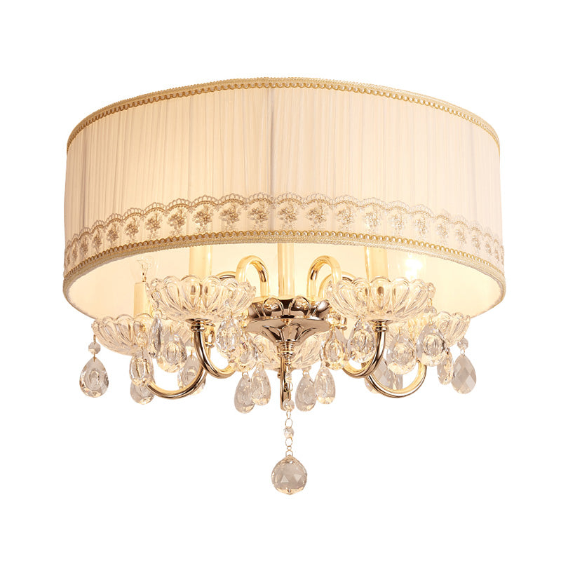 White Candle Flush Light Fixture Modern 5 Heads Crystal Drop Ceiling Mounted Light with Fabric Shade Clearhalo 'Ceiling Lights' 'Close To Ceiling Lights' 'Close to ceiling' 'Flush mount' Lighting' 283589