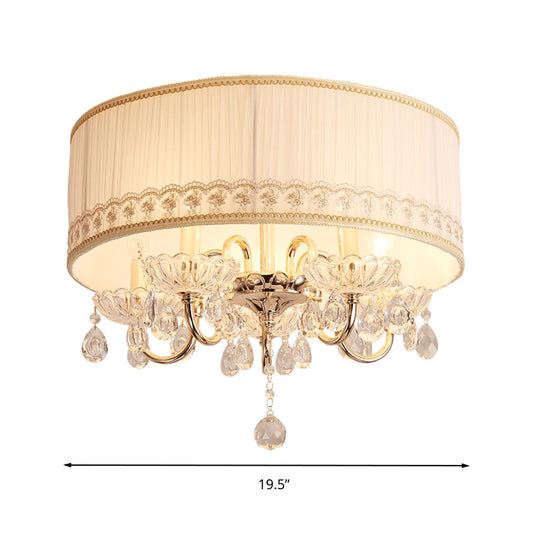 White Candle Flush Light Fixture Modern 5 Heads Crystal Drop Ceiling Mounted Light with Fabric Shade Clearhalo 'Ceiling Lights' 'Close To Ceiling Lights' 'Close to ceiling' 'Flush mount' Lighting' 283590