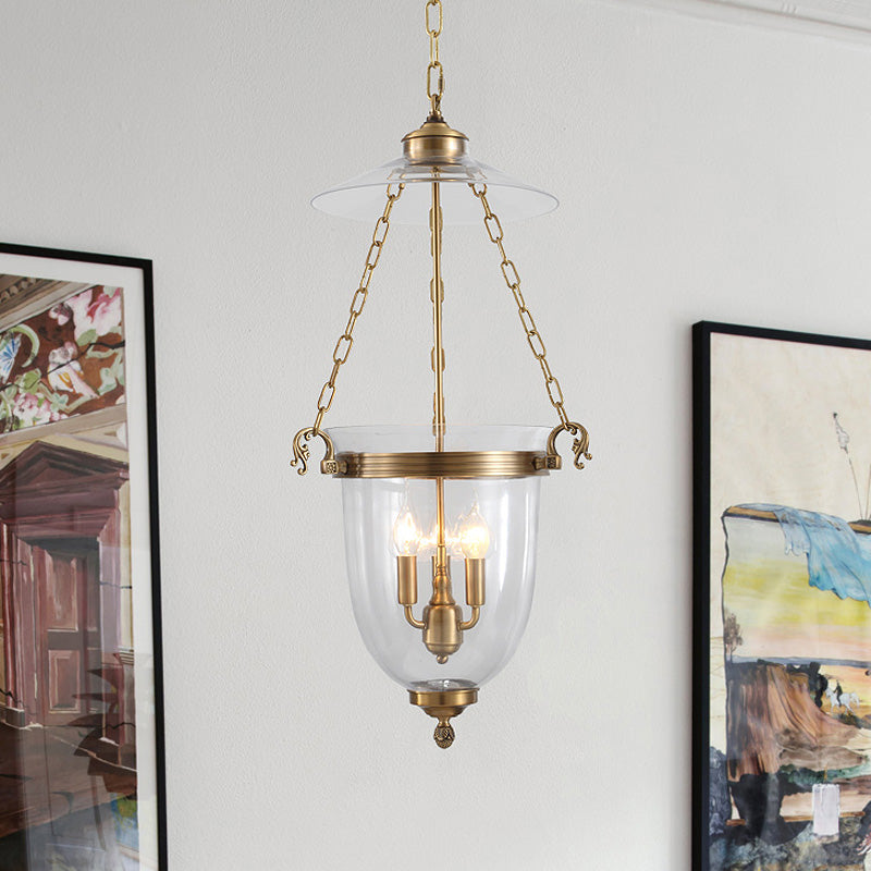 Clear Glass Candle Chandelier Lamp Colonial 3 Heads Living Room Pendant Light Fixture Clearhalo 'Ceiling Lights' 'Chandeliers' 'Glass shade' 'Glass' Lighting' 283622
