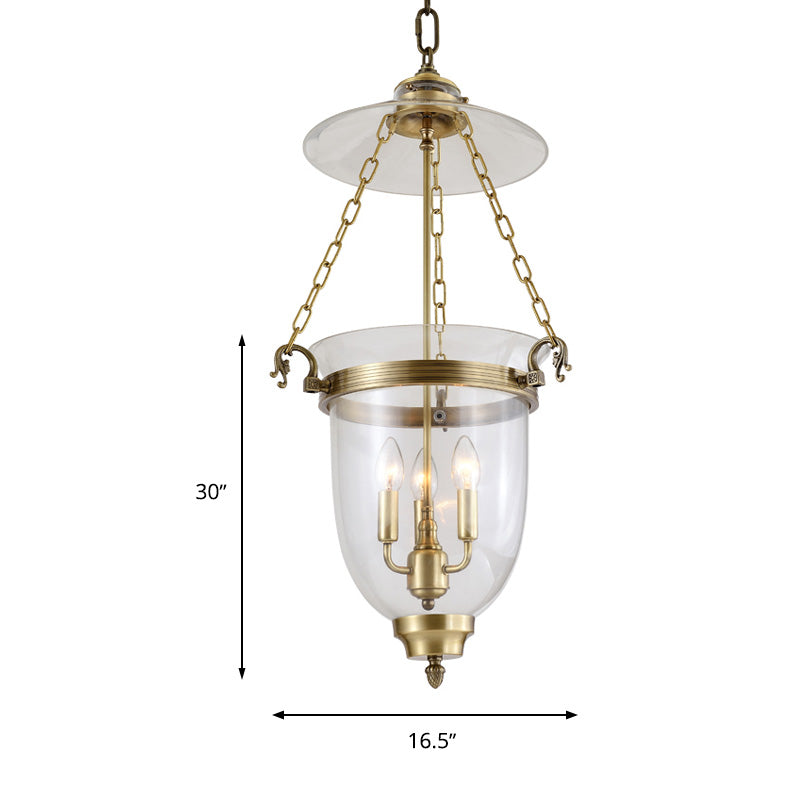 Clear Glass Candle Chandelier Lamp Colonial 3 Heads Living Room Pendant Light Fixture Clearhalo 'Ceiling Lights' 'Chandeliers' 'Glass shade' 'Glass' Lighting' 283625