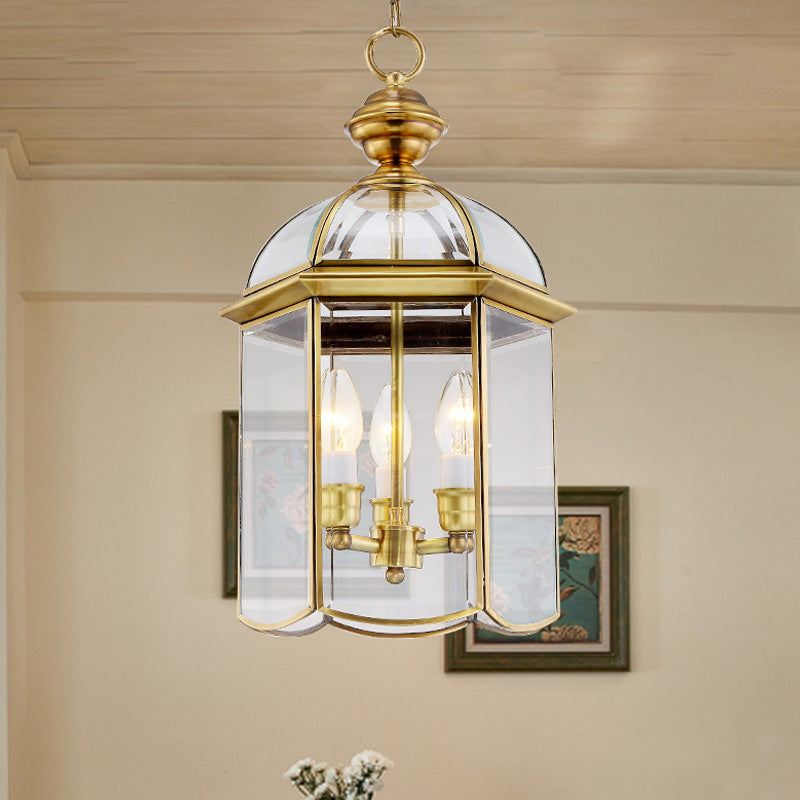 Colonial Lantern Hanging Pendant 3 Heads Clear Glass Chandelier Lighting Fixture for Hallway Clearhalo 'Ceiling Lights' 'Chandeliers' 'Glass shade' 'Glass' Lighting' 283673