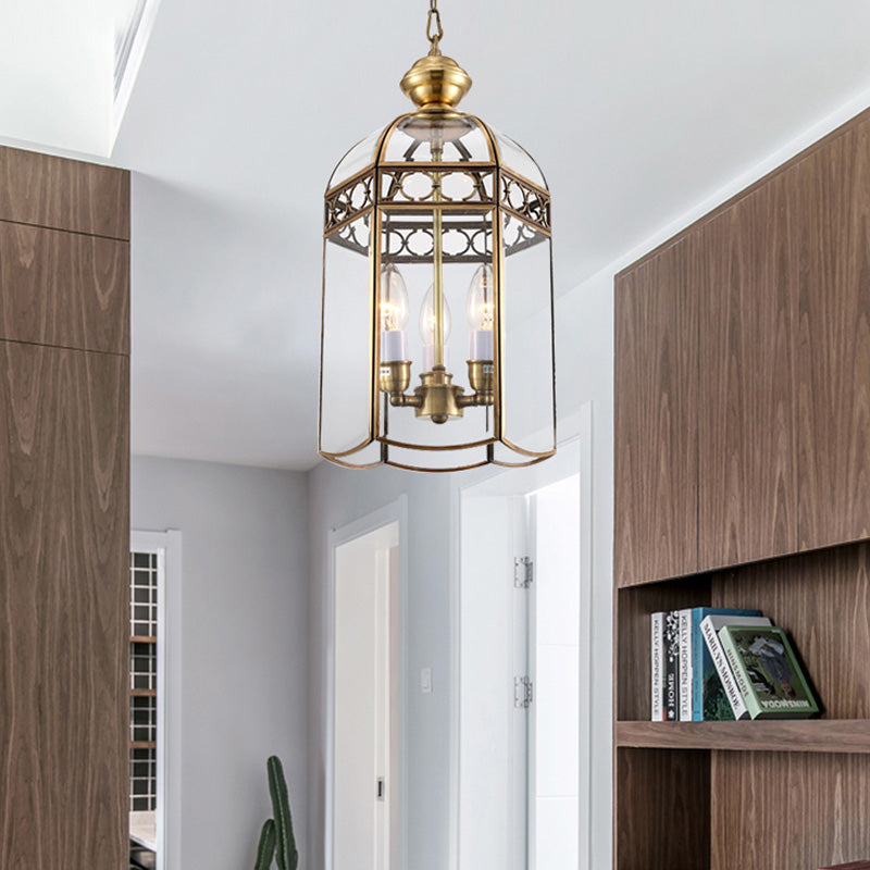 Colonial Lantern Hanging Pendant 3 Heads Clear Glass Chandelier Lighting Fixture for Hallway Clearhalo 'Ceiling Lights' 'Chandeliers' 'Glass shade' 'Glass' Lighting' 283678