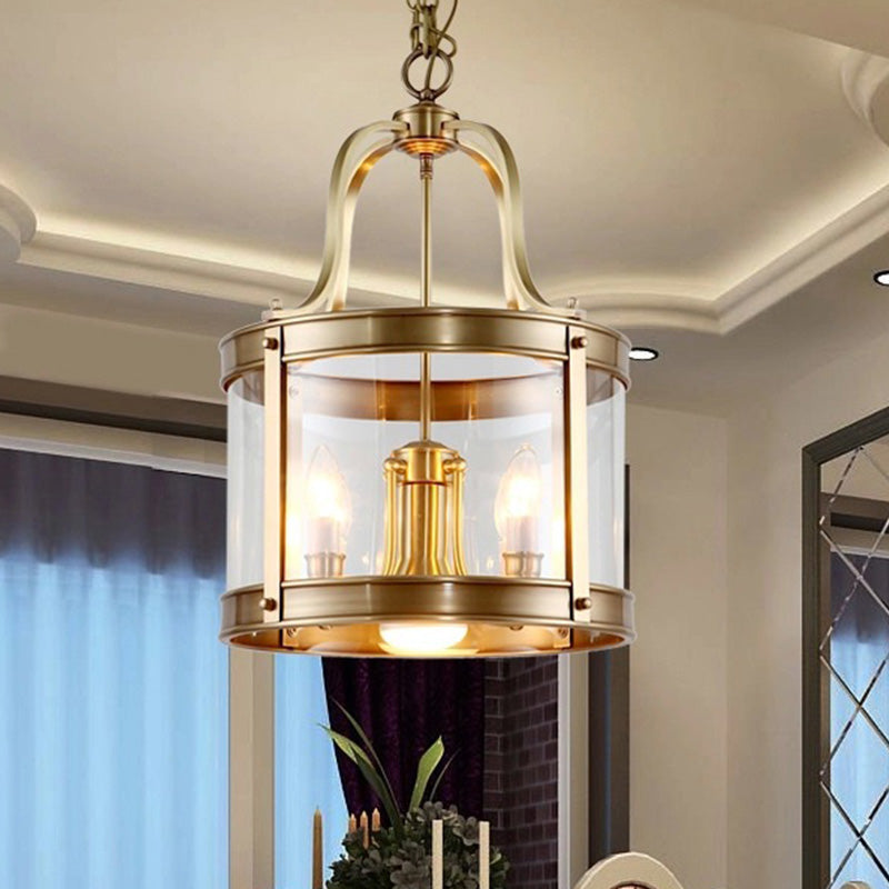 5 Lights Chandelier Pendant Light Colonial Drum Clear Glass Suspension Lamp for Living Room, 14.5"/18" W Clearhalo 'Ceiling Lights' 'Chandeliers' 'Glass shade' 'Glass' Lighting' 283698