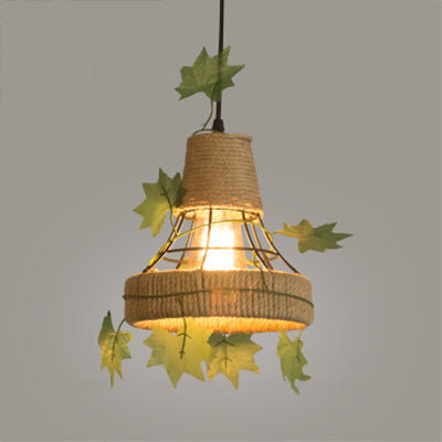 Beige 1 Light Hanging Lamp Country Style Metal and Rope Globe/Barrel Cage Pendant Lighting for Coffee Shop Beige Flared Clearhalo 'Ceiling Lights' 'Industrial Pendants' 'Industrial' 'Middle Century Pendants' 'Pendant Lights' 'Pendants' 'Tiffany' Lighting' 28372