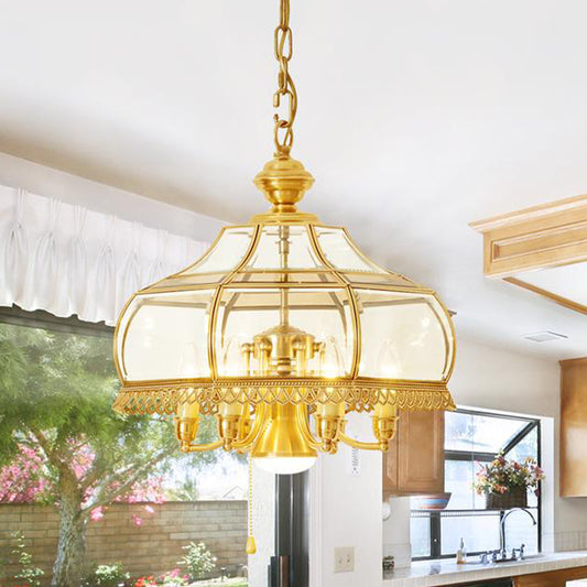Curved Dining Room Ceiling Chandelier Colonial Clear Glass 7 Heads Gold Hanging Light Fixture Clearhalo 'Ceiling Lights' 'Chandeliers' 'Glass shade' 'Glass' Lighting' 283753