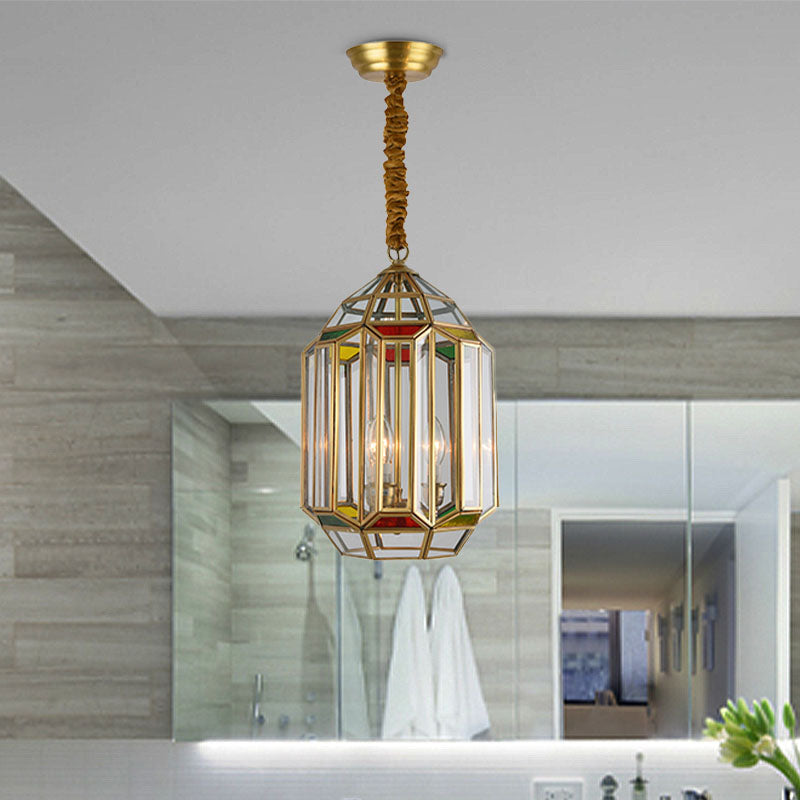 Gold 3 Heads Chandelier Lighting Colonialism Metal Lantern Pendant Ceiling Light with Clear Glass Shade Clearhalo 'Ceiling Lights' 'Chandeliers' Lighting' options 283805