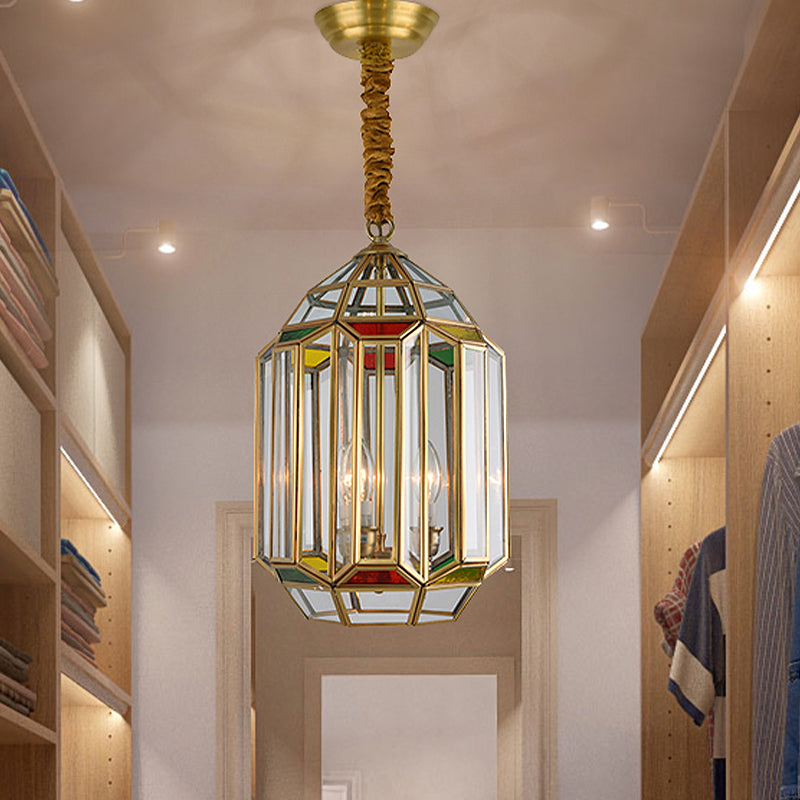 Gold 3 Heads Chandelier Lighting Colonialism Metal Lantern Pendant Ceiling Light with Clear Glass Shade Clearhalo 'Ceiling Lights' 'Chandeliers' Lighting' options 283806