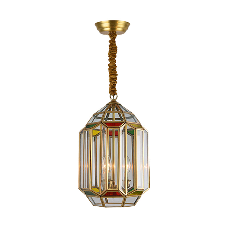 Gold 3 Heads Chandelier Lighting Colonialism Metal Lantern Pendant Ceiling Light with Clear Glass Shade Clearhalo 'Ceiling Lights' 'Chandeliers' Lighting' options 283808