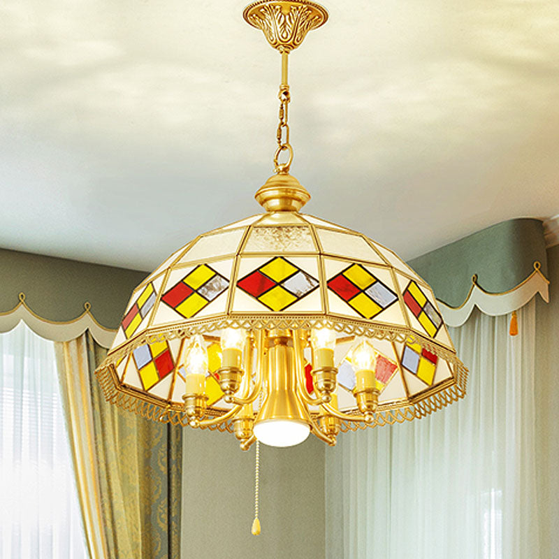 Frosted Glass Red Chandelier Lamp Dome 7 Lights Colonialism Down Lighting Pendant Clearhalo 'Ceiling Lights' 'Chandeliers' 'Glass shade' 'Glass' Lighting' 283822