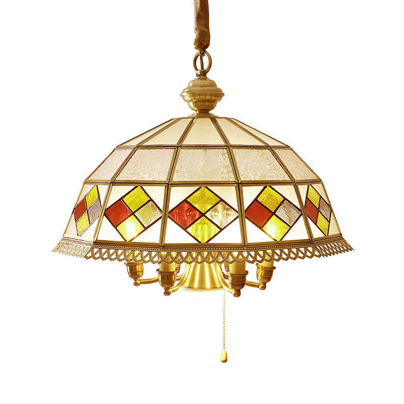 Frosted Glass Red Chandelier Lamp Dome 7 Lights Colonialism Down Lighting Pendant Clearhalo 'Ceiling Lights' 'Chandeliers' 'Glass shade' 'Glass' Lighting' 283824