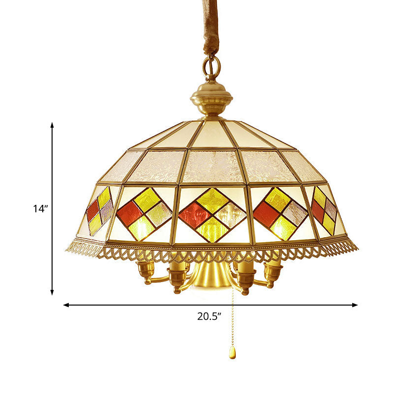 Frosted Glass Red Chandelier Lamp Dome 7 Lights Colonialism Down Lighting Pendant Clearhalo 'Ceiling Lights' 'Chandeliers' 'Glass shade' 'Glass' Lighting' 283825