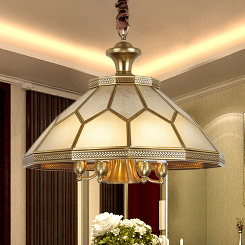3/7 Lights Chandelier Pendant Light Colonial Conical Ivory Glass Suspension Lamp in Gold for Restaurant, 13"/20.5" W Clearhalo 'Ceiling Lights' 'Chandeliers' 'Glass shade' 'Glass' Lighting' 283859