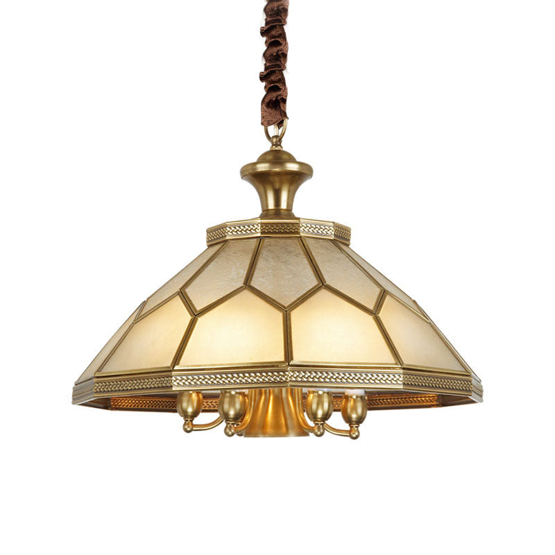 3/7 Lights Chandelier Pendant Light Colonial Conical Ivory Glass Suspension Lamp in Gold for Restaurant, 13"/20.5" W Clearhalo 'Ceiling Lights' 'Chandeliers' 'Glass shade' 'Glass' Lighting' 283861