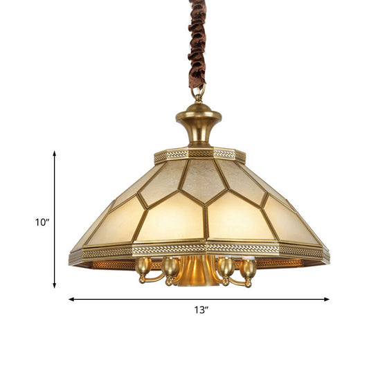 3/7 Lights Chandelier Pendant Light Colonial Conical Ivory Glass Suspension Lamp in Gold for Restaurant, 13"/20.5" W Clearhalo 'Ceiling Lights' 'Chandeliers' 'Glass shade' 'Glass' Lighting' 283862