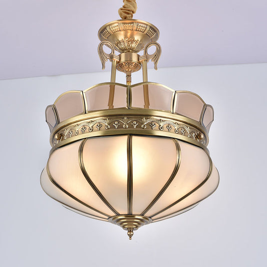 Scalloped Living Room Ceiling Chandelier Colonial Milky Glass 5/7 Heads Gold Hanging Light Fixture Clearhalo 'Ceiling Lights' 'Chandeliers' 'Glass shade' 'Glass' Lighting' 283893