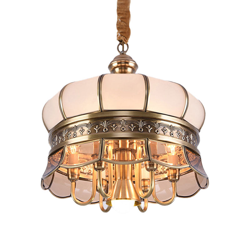 Scalloped Living Room Ceiling Chandelier Colonial Milky Glass 5/7 Heads Gold Hanging Light Fixture Clearhalo 'Ceiling Lights' 'Chandeliers' 'Glass shade' 'Glass' Lighting' 283899