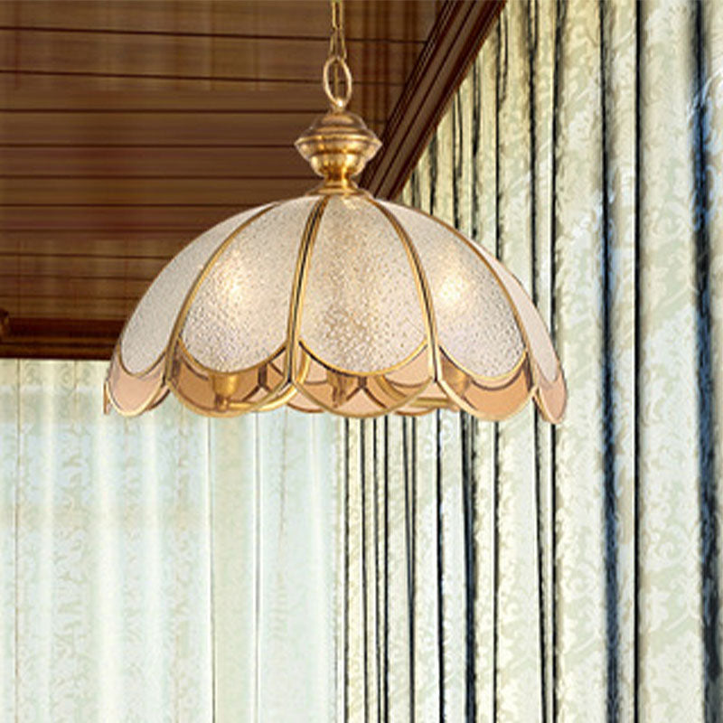 Gold 3 Heads Chandelier Light Colonialism Bubble Glass Scallop Suspended Lighting Fixture for Dining Room Clearhalo 'Ceiling Lights' 'Chandeliers' 'Close To Ceiling Lights' 'Glass shade' 'Glass' Lighting' 283908
