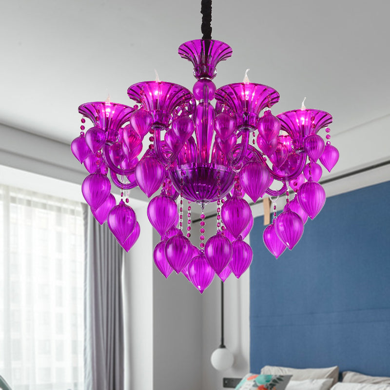 Candelabra Crystal Drop Ceiling Light Traditional 6 Heads Living Room Chandelier Lighting in Blue/Purple/Red Crystal Clearhalo 'Ceiling Lights' 'Chandeliers' Lighting' options 283913