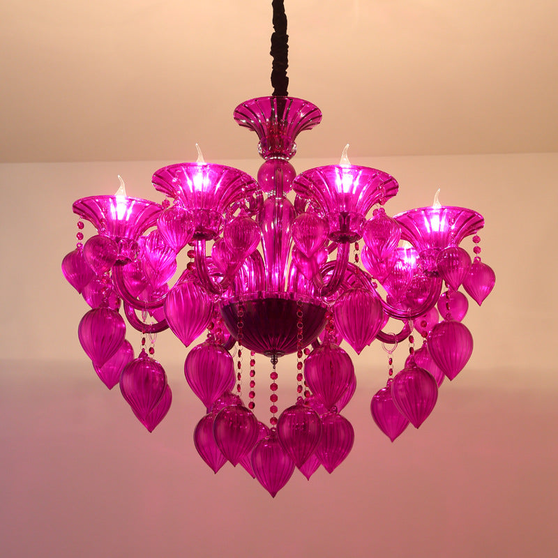 Candelabra Crystal Drop Ceiling Light Traditional 6 Heads Living Room Chandelier Lighting in Blue/Purple/Red Crystal Clearhalo 'Ceiling Lights' 'Chandeliers' Lighting' options 283914