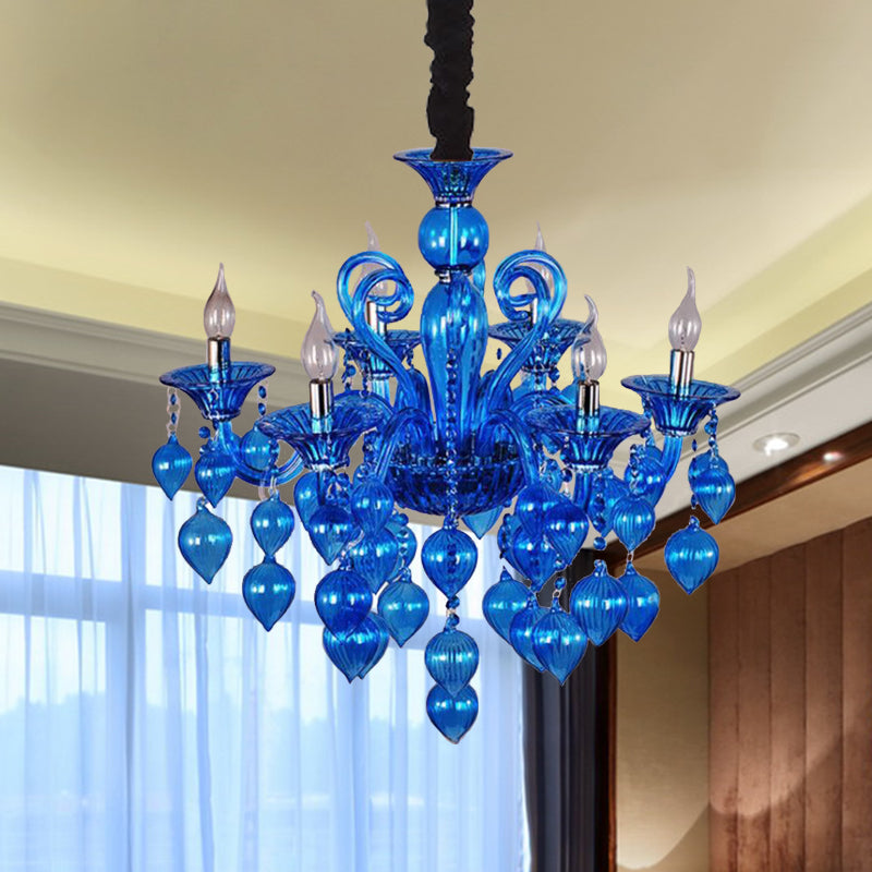 Candelabra Crystal Drop Ceiling Light Traditional 6 Heads Living Room Chandelier Lighting in Blue/Purple/Red Crystal Clearhalo 'Ceiling Lights' 'Chandeliers' Lighting' options 283923