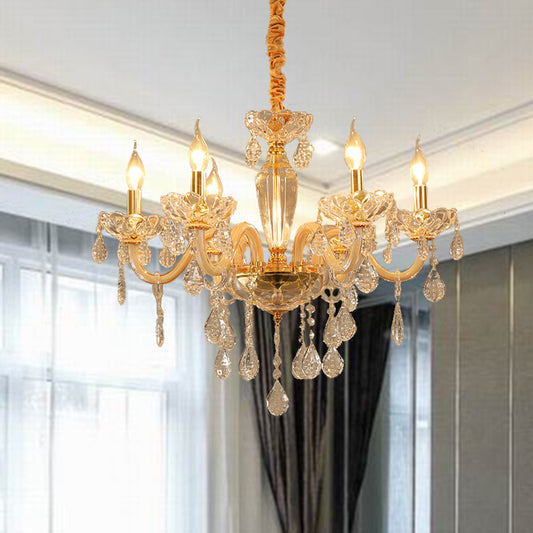 Beige Candle Style Hanging Ceiling Light Modern Crystal Drop 6/10 Heads Living Room Chandelier Light Fixture Clearhalo 'Ceiling Lights' 'Chandeliers' Lighting' options 283934