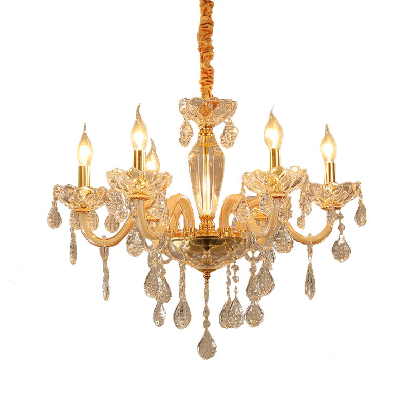 Beige Candle Style Hanging Ceiling Light Modern Crystal Drop 6/10 Heads Living Room Chandelier Light Fixture Clearhalo 'Ceiling Lights' 'Chandeliers' Lighting' options 283937