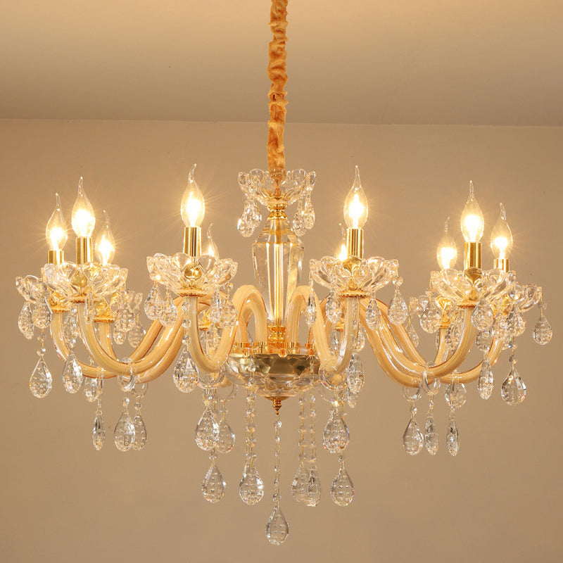 Beige Candle Style Hanging Ceiling Light Modern Crystal Drop 6/10 Heads Living Room Chandelier Light Fixture Clearhalo 'Ceiling Lights' 'Chandeliers' Lighting' options 283939