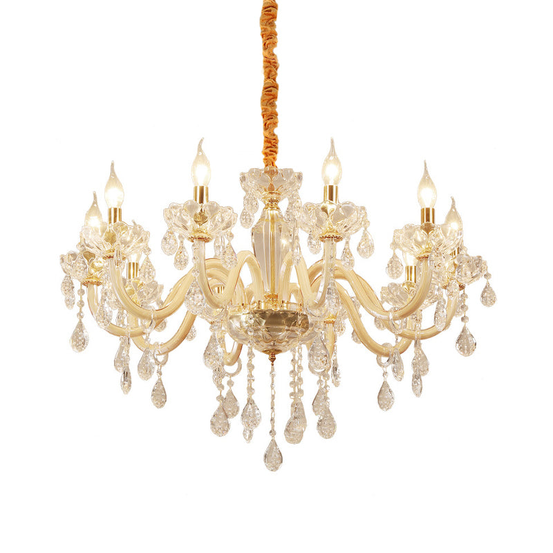 Beige Candle Style Hanging Ceiling Light Modern Crystal Drop 6/10 Heads Living Room Chandelier Light Fixture Clearhalo 'Ceiling Lights' 'Chandeliers' Lighting' options 283941