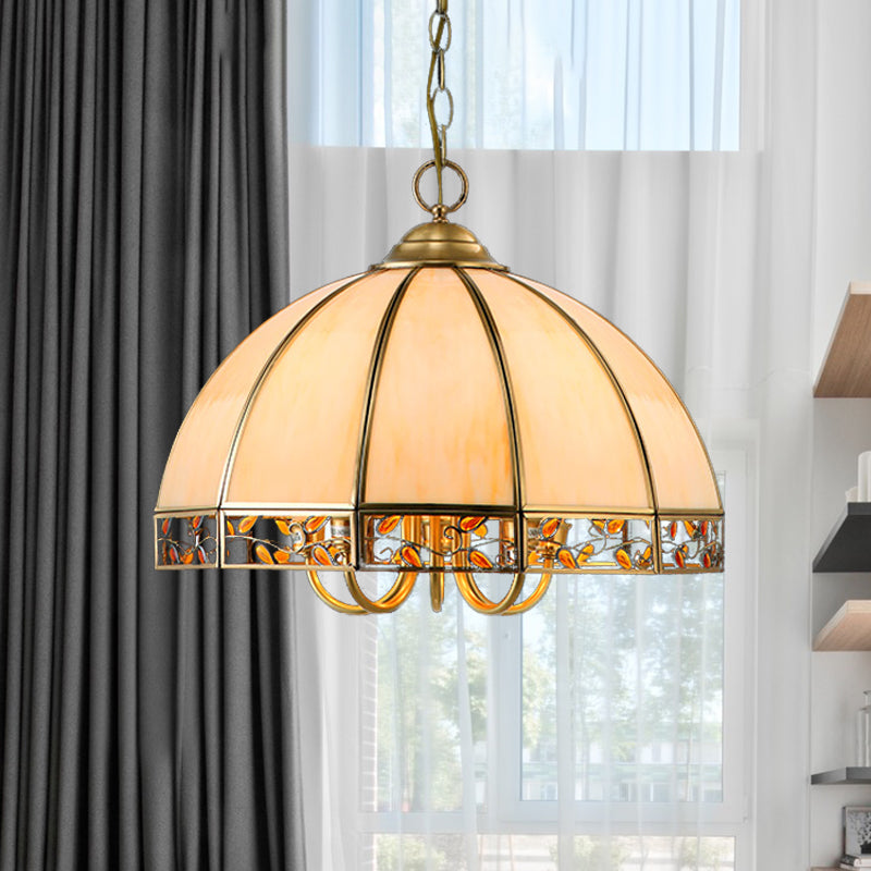 Colonial Dome Chandelier Lighting Fixture 5 Heads Opaline Glass Pendant Ceiling Light in Gold for Dining Room Clearhalo 'Ceiling Lights' 'Chandeliers' 'Close To Ceiling Lights' 'Glass shade' 'Glass' Lighting' 283944