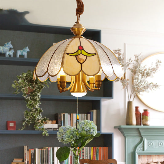 5 Bulbs Scallop Pendant Lamp Colonial Gold Frosted Glass Chandelier Light Fixture for Study Room Gold Clearhalo 'Ceiling Lights' 'Chandeliers' 'Glass shade' 'Glass' Lighting' 283955