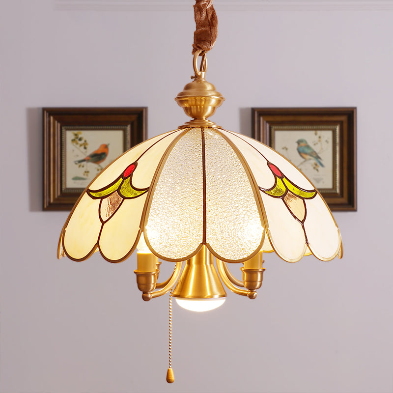 5 Bulbs Scallop Pendant Lamp Colonial Gold Frosted Glass Chandelier Light Fixture for Study Room Clearhalo 'Ceiling Lights' 'Chandeliers' 'Glass shade' 'Glass' Lighting' 283956